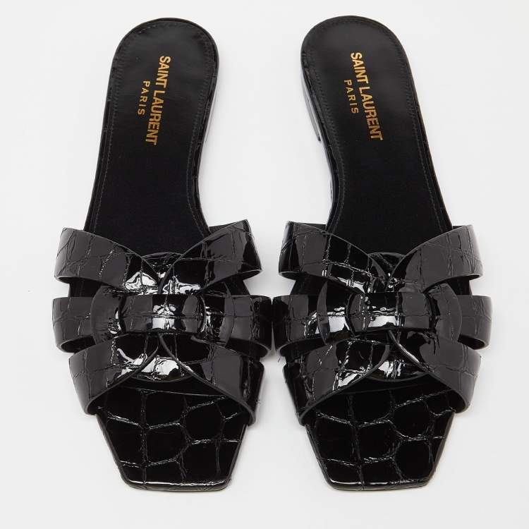 Pre Owned Saint Laurent Black Croc Embossed Patent Leather Tribute Flat Slides Size 38.5