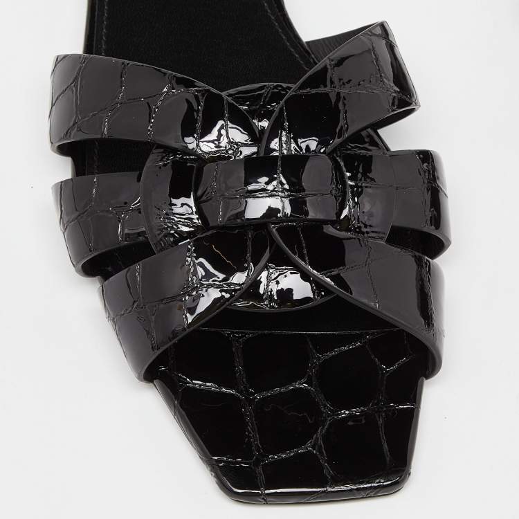 Pre Owned Saint Laurent Black Croc Embossed Patent Leather Tribute Flat Slides Size 38.5