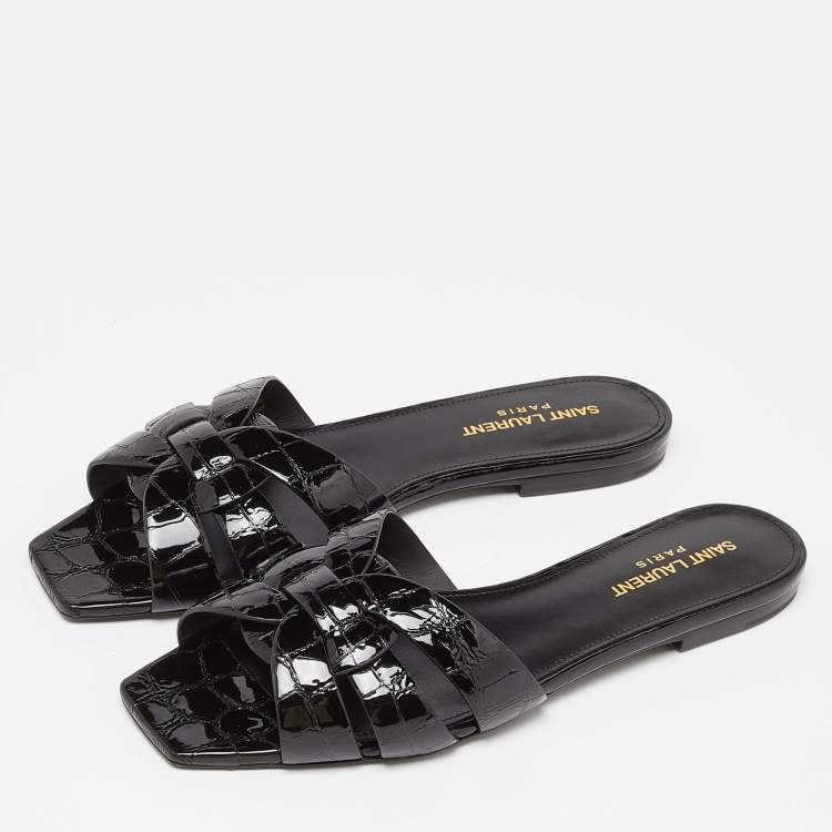 Pre Owned Saint Laurent Black Croc Embossed Patent Leather Tribute Flat Slides Size 38.5