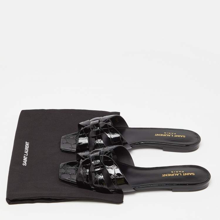 Pre Owned Saint Laurent Black Croc Embossed Patent Leather Tribute Flat Slides Size 38.5