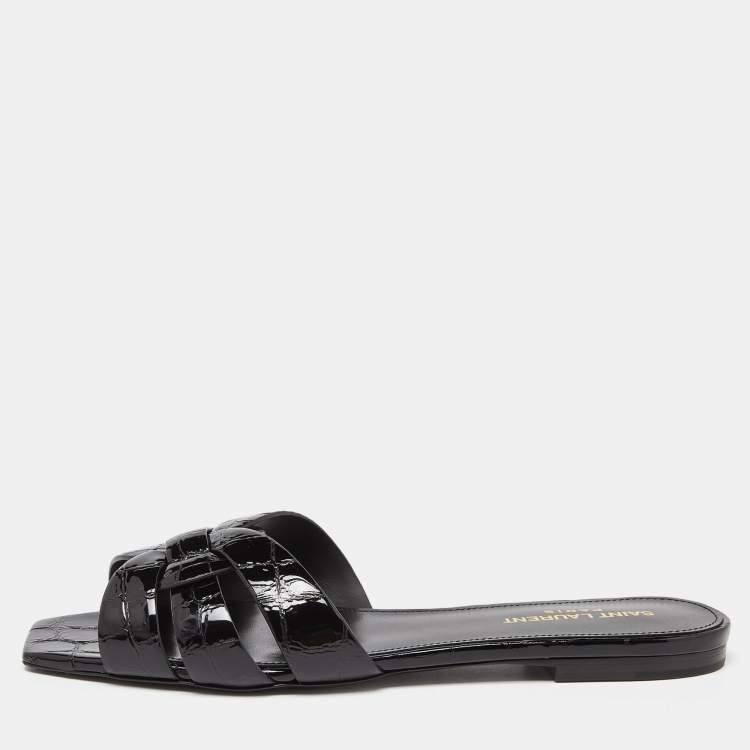 Pre Owned Saint Laurent Black Croc Embossed Patent Leather Tribute Flat Slides Size 38.5