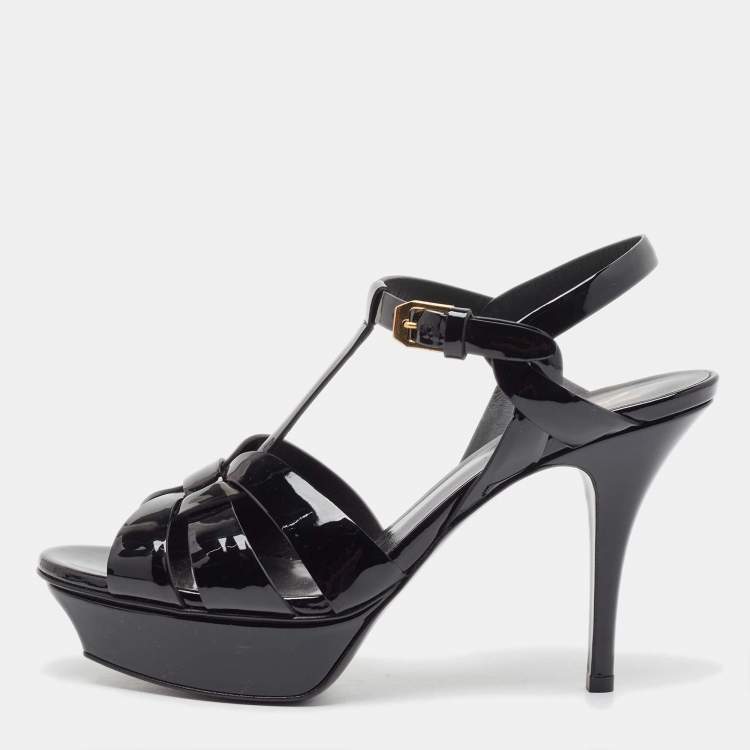 Pre Owned Saint Laurent Black Patent Tribute Sandals Size 38