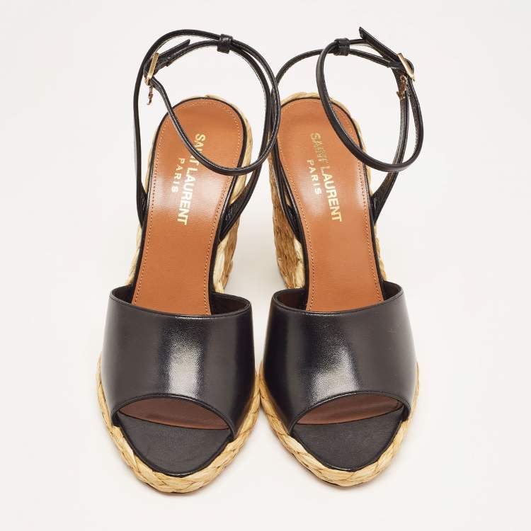 Pre Owned Saint Laurent Black Leather Espadrille Wedge Sandals Size 37.5