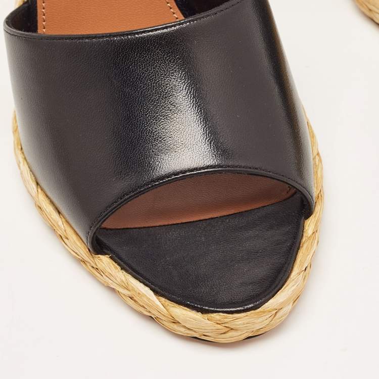 Pre Owned Saint Laurent Black Leather Espadrille Wedge Sandals Size 37.5