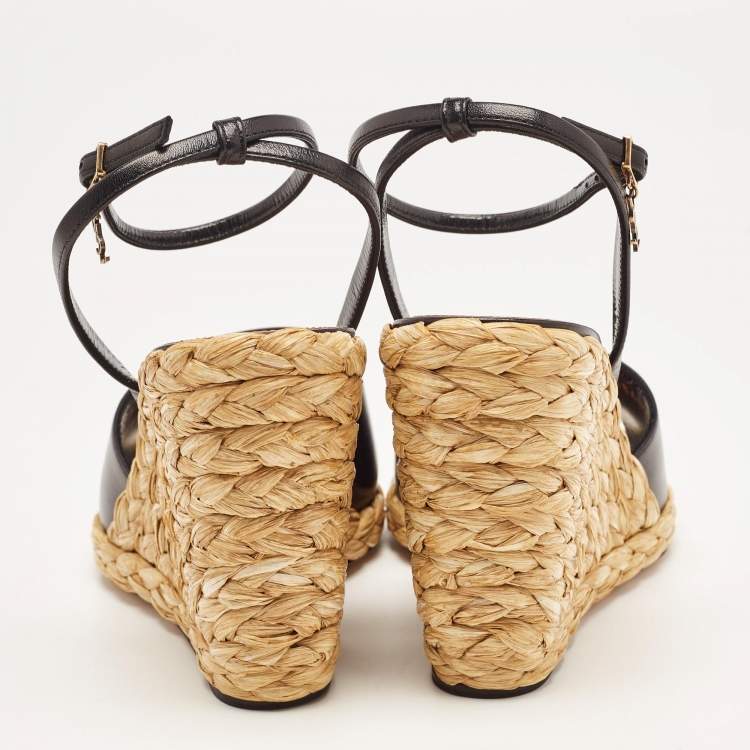 Pre Owned Saint Laurent Black Leather Espadrille Wedge Sandals Size 37.5