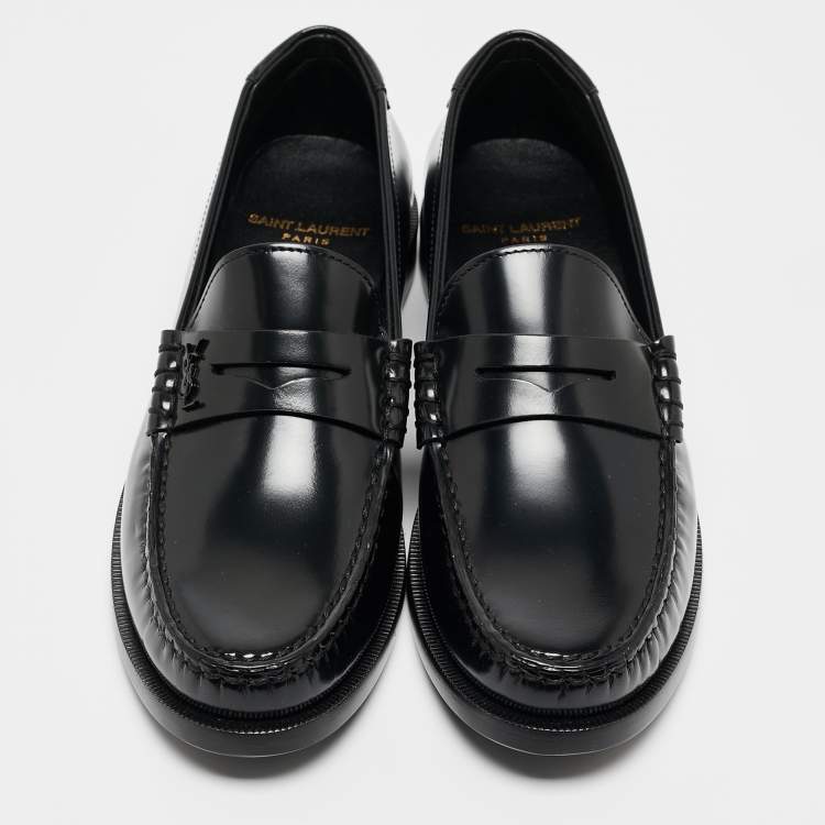 Pre Owned Saint Laurent Black Leather Slip On Loafers Size 37