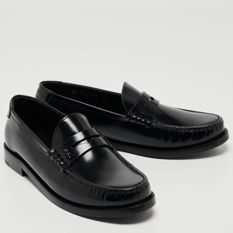 Pre Owned Saint Laurent Black Leather Slip On Loafers Size 37