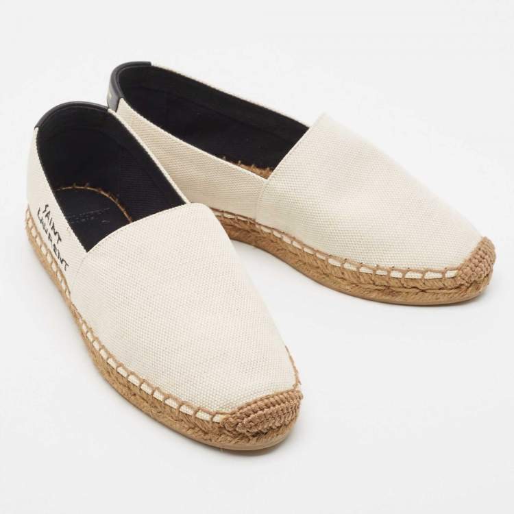 Pre Owned Saint Laurent White Canvas Logo Embroidered Espadrille Flats Size 35.5