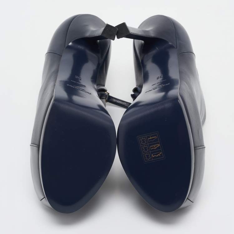 Pre Owned Yves Saint Laurent Navy Blue/Black Leather and Patent Leather Tribute Platform Ankle Boots Size 36