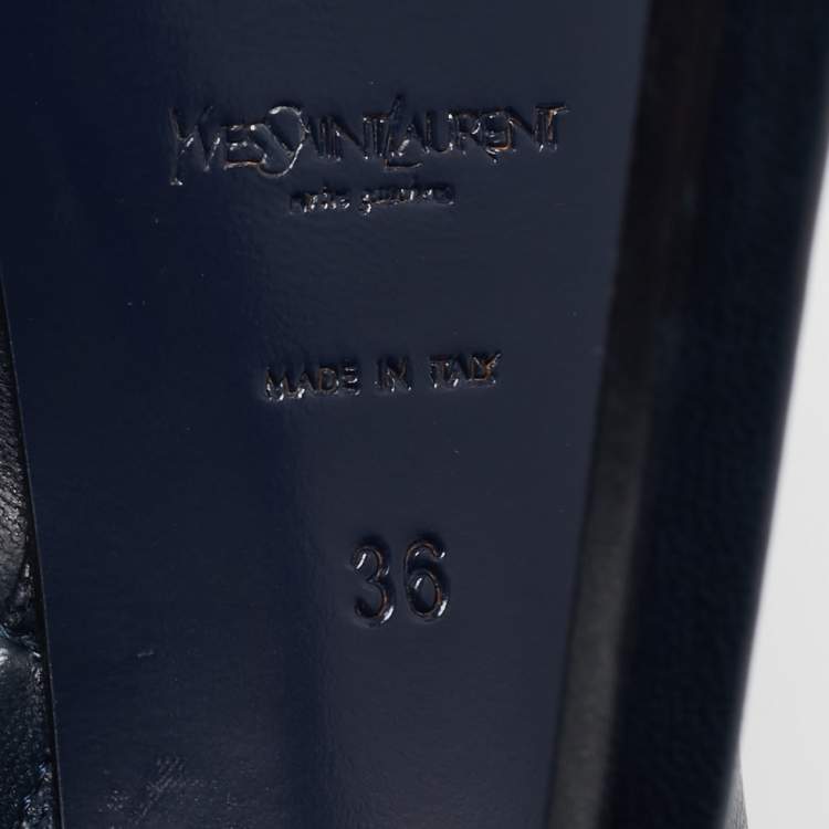 Pre Owned Yves Saint Laurent Navy Blue/Black Leather and Patent Leather Tribute Platform Ankle Boots Size 36