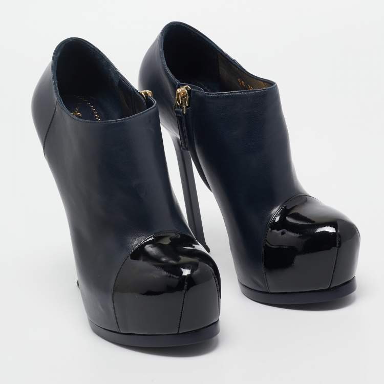 Pre Owned Yves Saint Laurent Navy Blue/Black Leather and Patent Leather Tribute Platform Ankle Boots Size 36