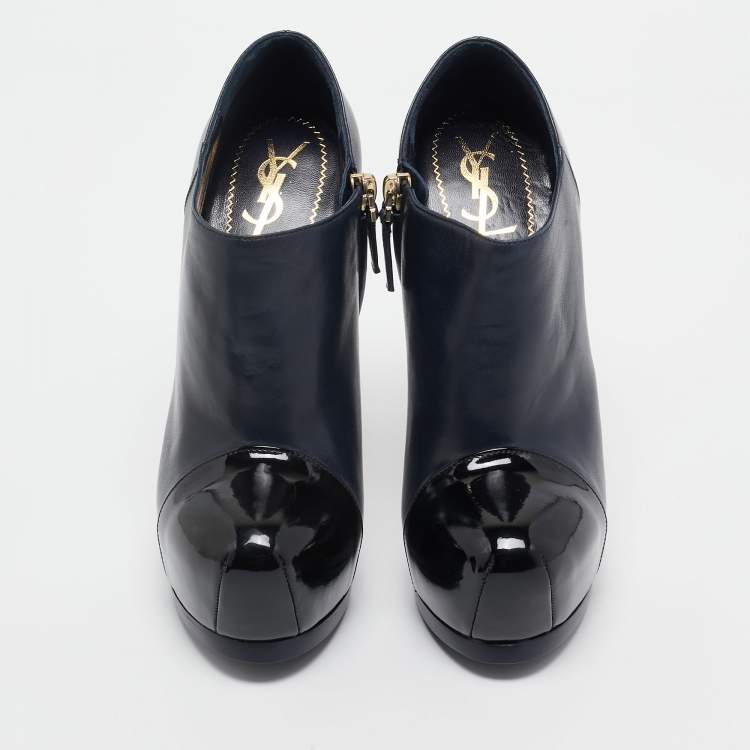 Pre Owned Yves Saint Laurent Navy Blue/Black Leather and Patent Leather Tribute Platform Ankle Boots Size 36