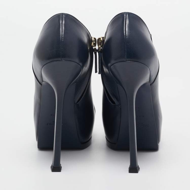 Pre Owned Yves Saint Laurent Navy Blue/Black Leather and Patent Leather Tribute Platform Ankle Boots Size 36