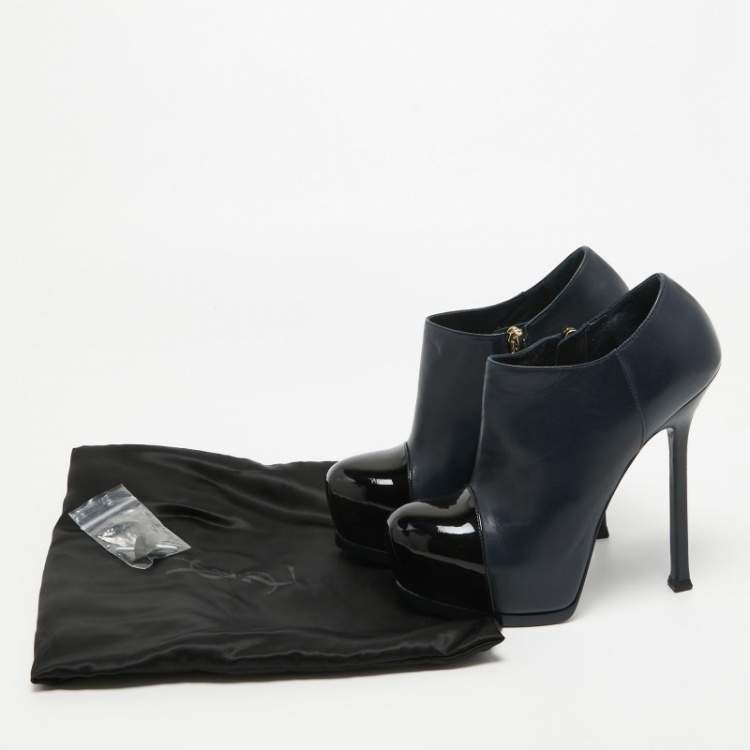Pre Owned Yves Saint Laurent Navy Blue/Black Leather and Patent Leather Tribute Platform Ankle Boots Size 36