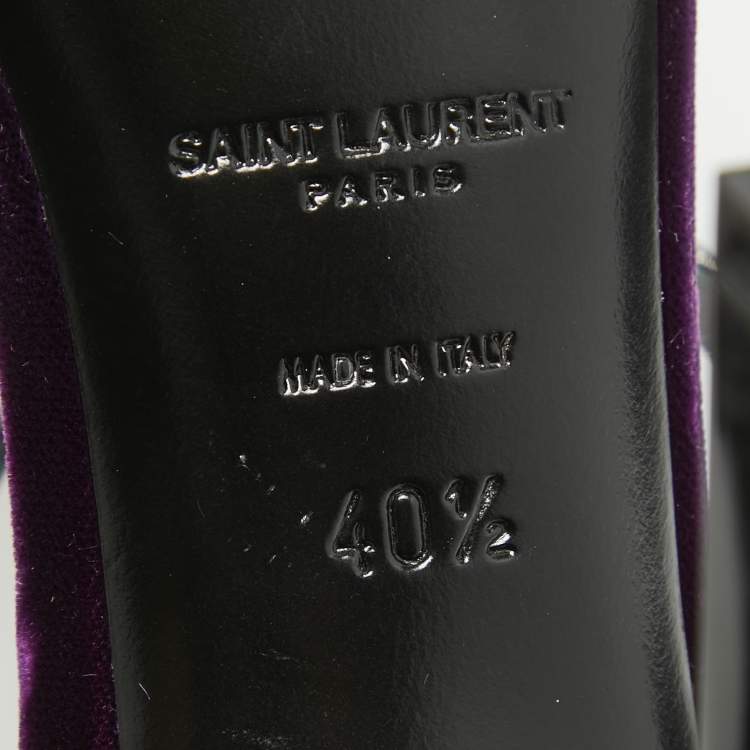 Pre Owned Saint Laurent Metallic Silver/Purple Leather and Velvet Ankle Strap Sandals Size 40.5