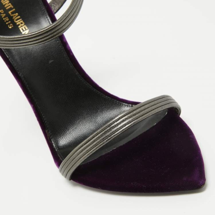 Pre Owned Saint Laurent Metallic Silver/Purple Leather and Velvet Ankle Strap Sandals Size 40.5