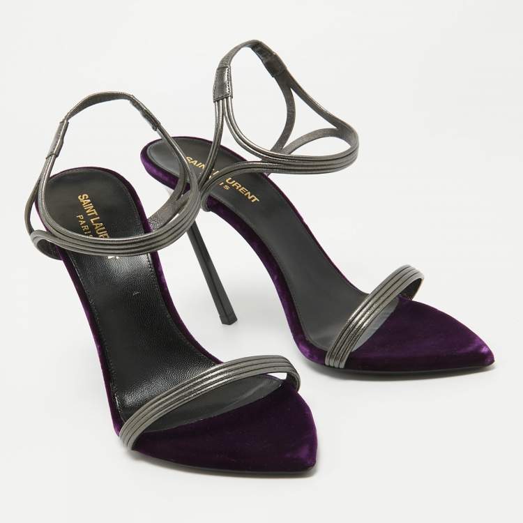 Pre Owned Saint Laurent Metallic Silver/Purple Leather and Velvet Ankle Strap Sandals Size 40.5