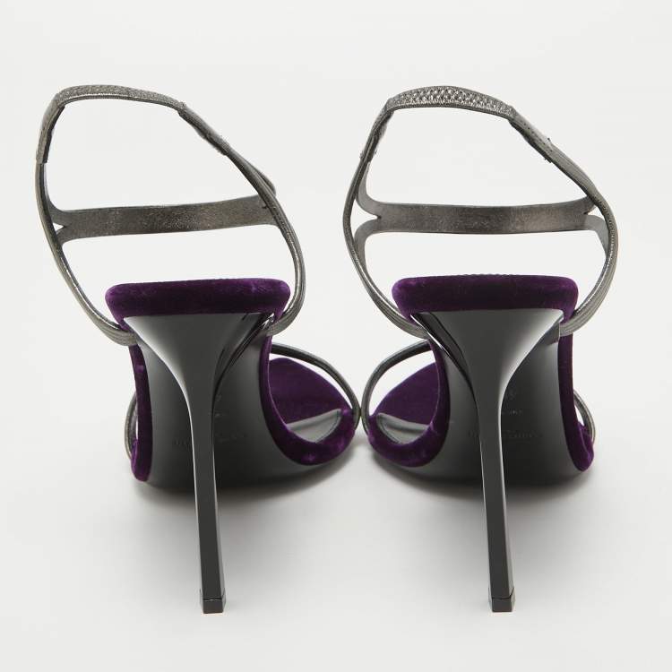 Pre Owned Saint Laurent Metallic Silver/Purple Leather and Velvet Ankle Strap Sandals Size 40.5