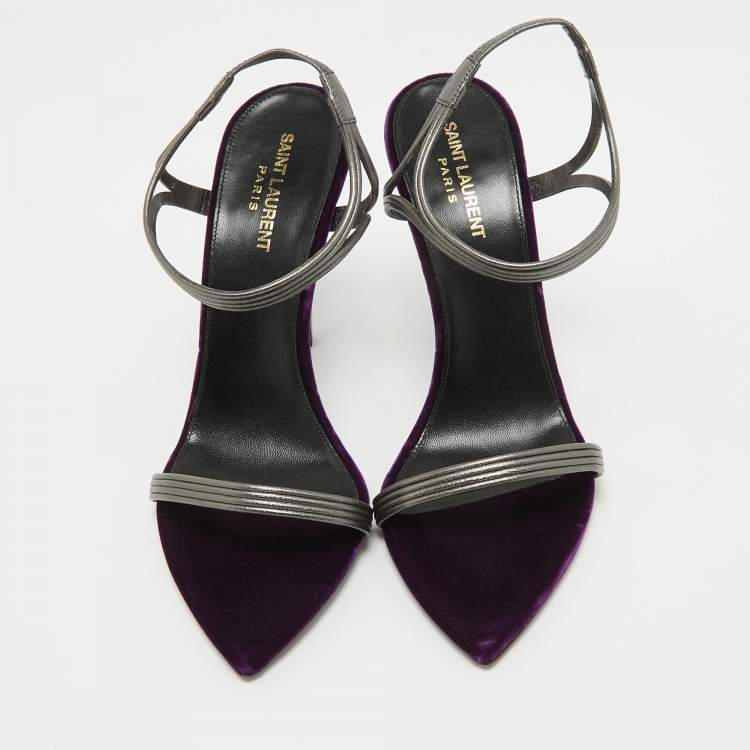 Pre Owned Saint Laurent Metallic Silver/Purple Leather and Velvet Ankle Strap Sandals Size 40.5