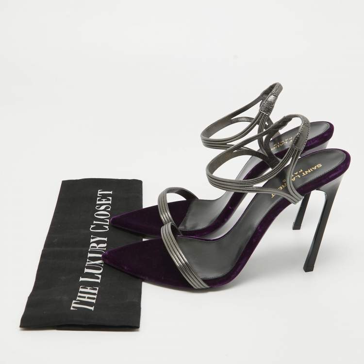 Pre Owned Saint Laurent Metallic Silver/Purple Leather and Velvet Ankle Strap Sandals Size 40.5