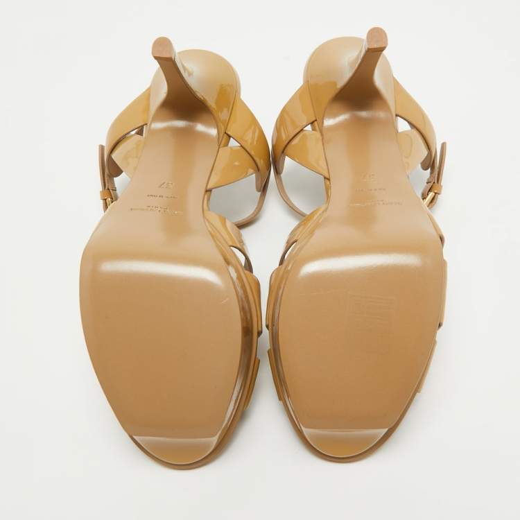 Pre Owned Saint Laurent Beige  Patent Tribute Sandals Size 37