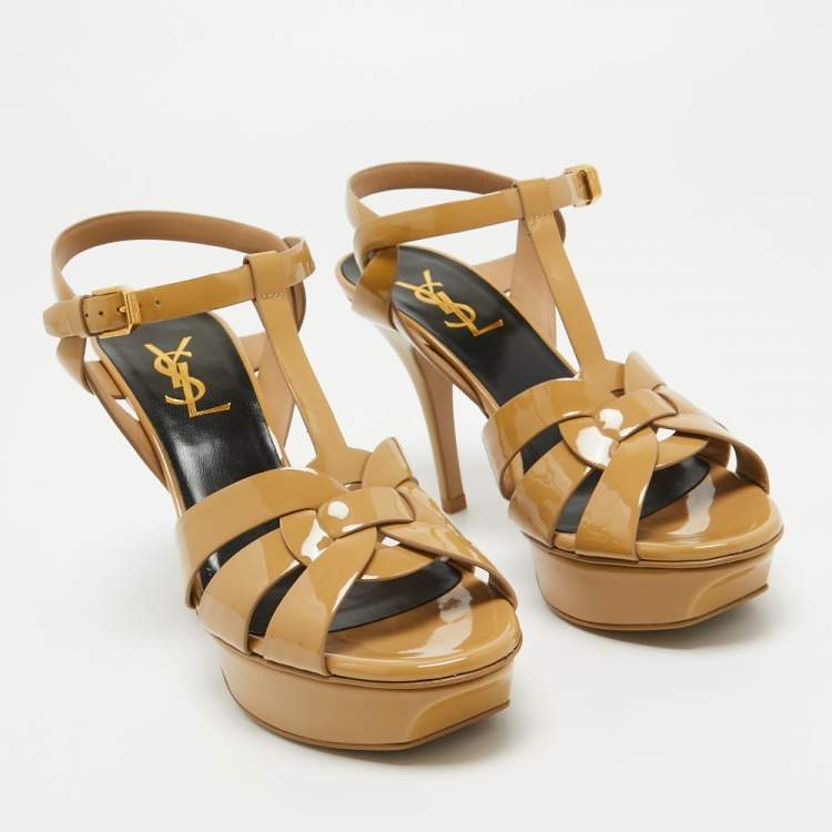 Pre Owned Saint Laurent Beige  Patent Tribute Sandals Size 37