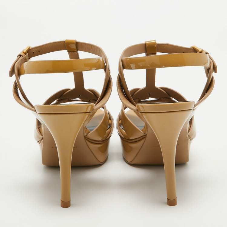 Pre Owned Saint Laurent Beige  Patent Tribute Sandals Size 37