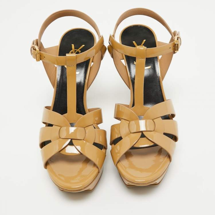 Pre Owned Saint Laurent Beige  Patent Tribute Sandals Size 37