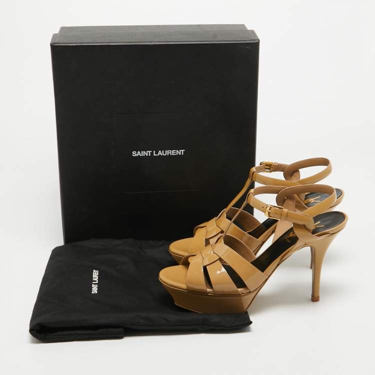 Pre Owned Saint Laurent Beige  Patent Tribute Sandals Size 37