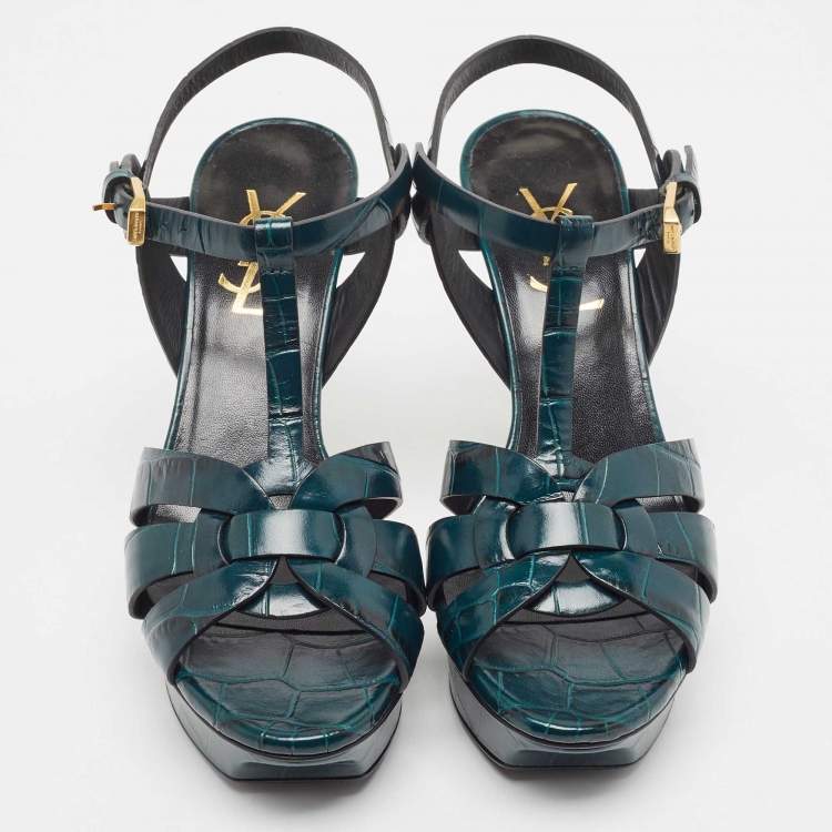 Pre Owned Saint Laurent Green Croc Embossed Leather Tribute Sandals Size 36 