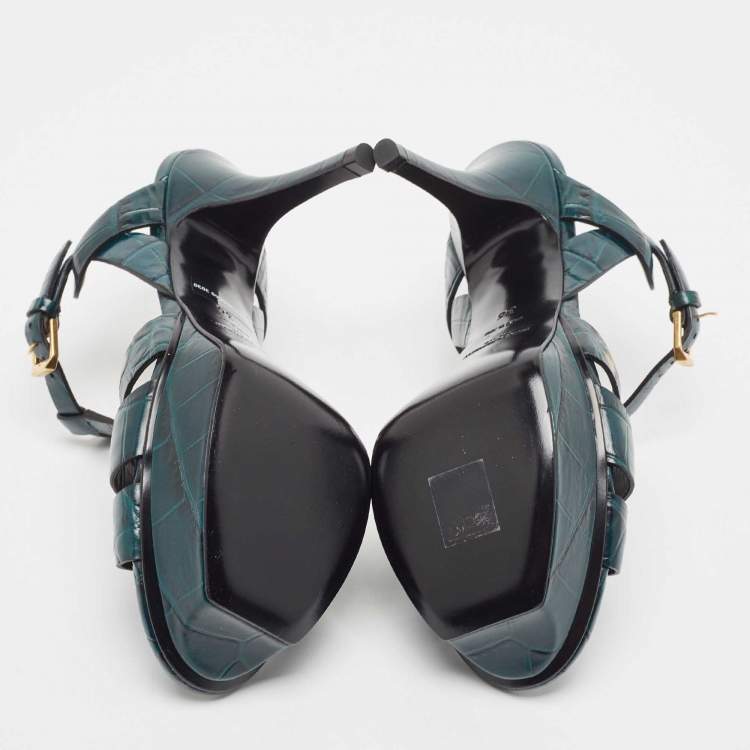 Pre Owned Saint Laurent Green Croc Embossed Leather Tribute Sandals Size 36 