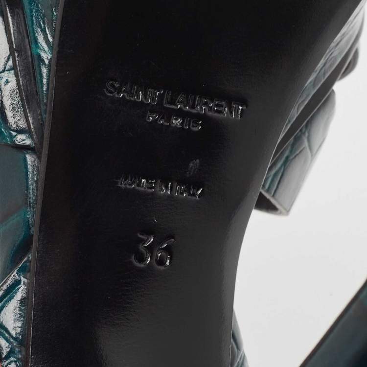 Pre Owned Saint Laurent Green Croc Embossed Leather Tribute Sandals Size 36 