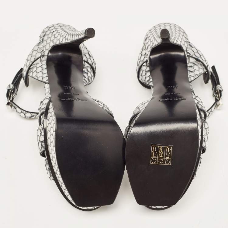 Pre Owned Saint Laurent Silver Python Embossed Leather Tribute  Ankle Strap Sandals Size 36.5