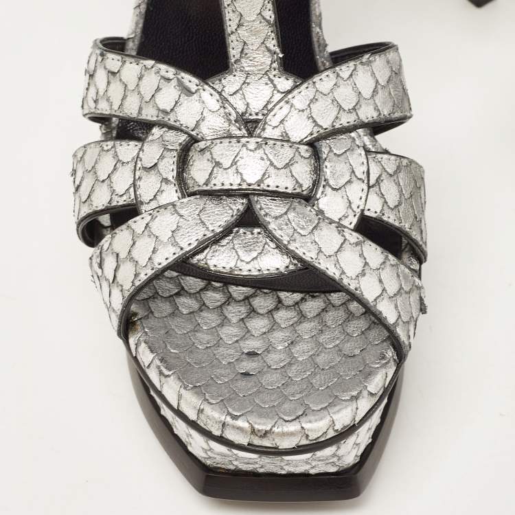 Pre Owned Saint Laurent Silver Python Embossed Leather Tribute  Ankle Strap Sandals Size 36.5