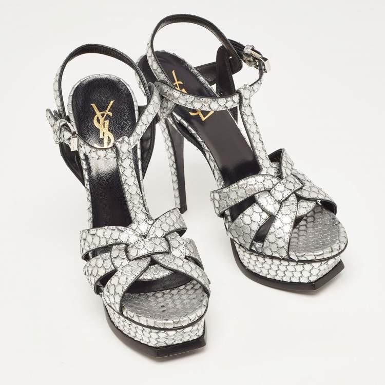 Pre Owned Saint Laurent Silver Python Embossed Leather Tribute  Ankle Strap Sandals Size 36.5