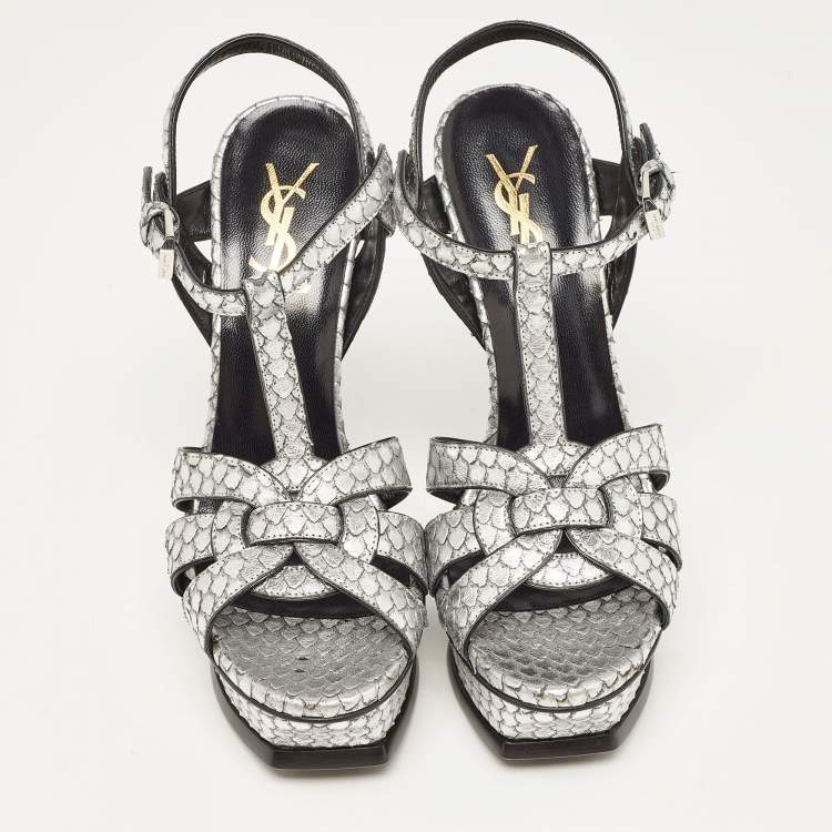 Pre Owned Saint Laurent Silver Python Embossed Leather Tribute  Ankle Strap Sandals Size 36.5