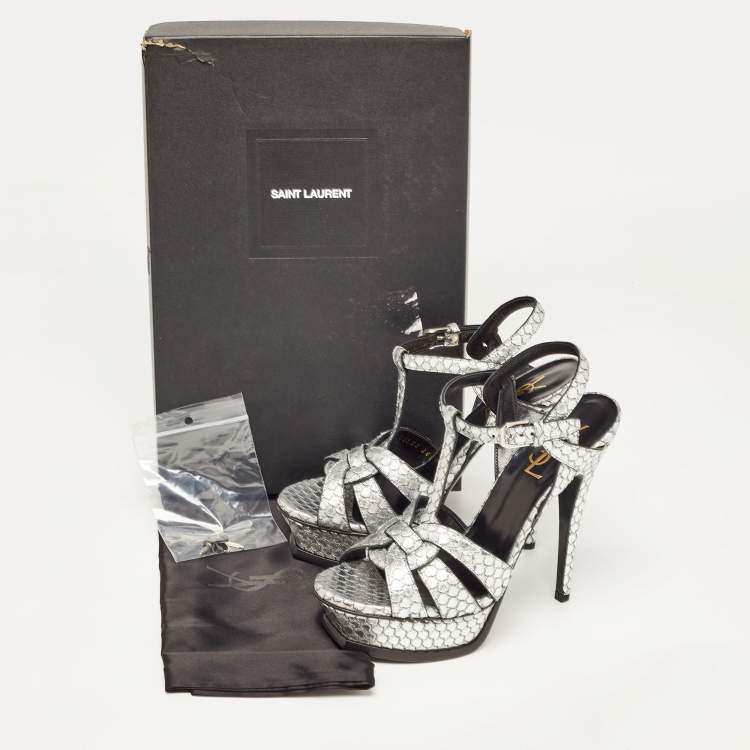 Pre Owned Saint Laurent Silver Python Embossed Leather Tribute  Ankle Strap Sandals Size 36.5