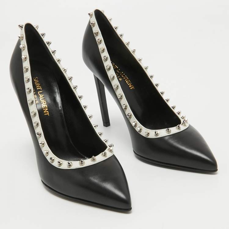 مملوكة مسبقًا Saint Laurent Black/White Leather Studded Pointed Toe Pumps Size 36