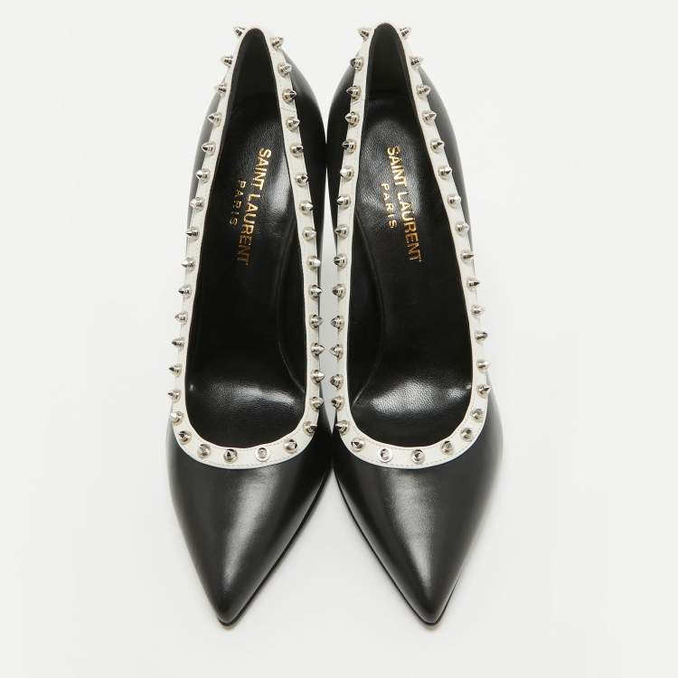 مملوكة مسبقًا Saint Laurent Black/White Leather Studded Pointed Toe Pumps Size 36