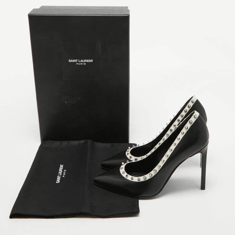 مملوكة مسبقًا Saint Laurent Black/White Leather Studded Pointed Toe Pumps Size 36