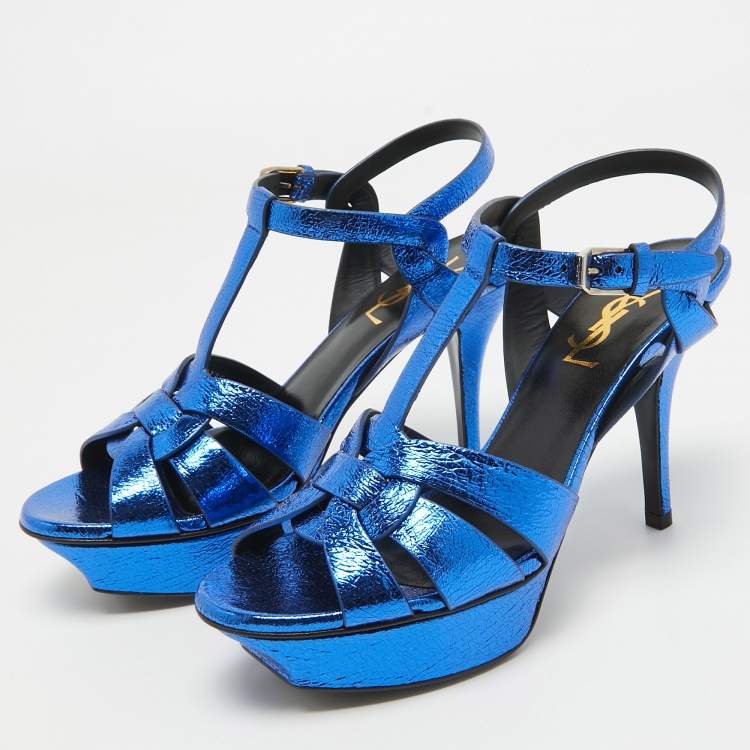Pre Owned Saint Laurent Navy Blue Foil Leather Tribute Platform Ankle Strap Sandals Size 37.5