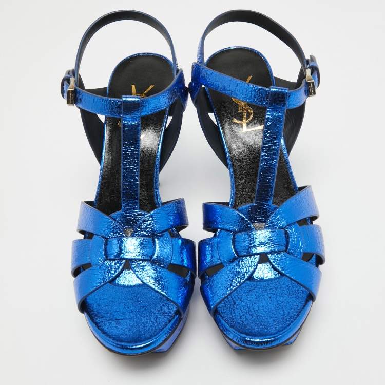 Pre Owned Saint Laurent Navy Blue Foil Leather Tribute Platform Ankle Strap Sandals Size 37.5