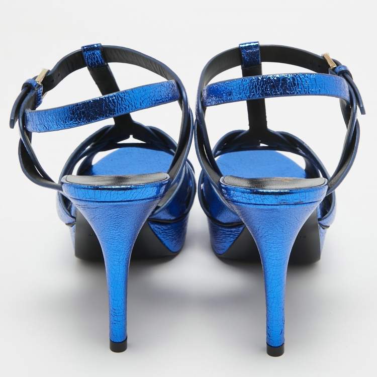 Pre Owned Saint Laurent Navy Blue Foil Leather Tribute Platform Ankle Strap Sandals Size 37.5