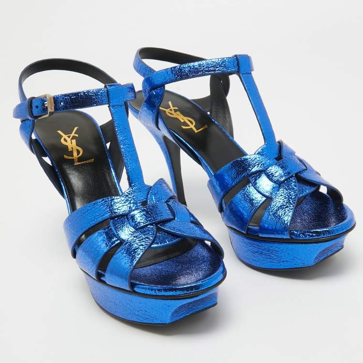 Pre Owned Saint Laurent Navy Blue Foil Leather Tribute Platform Ankle Strap Sandals Size 37.5