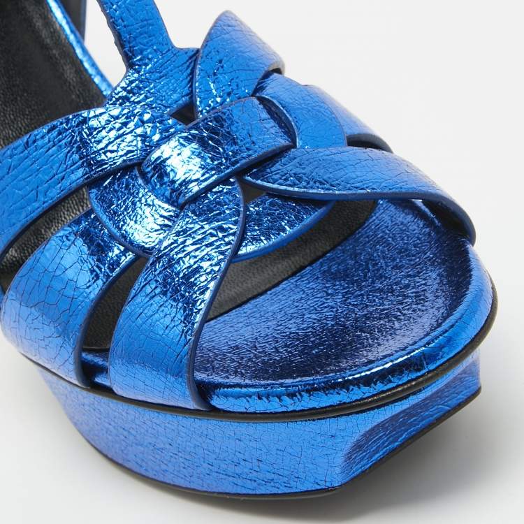 Pre Owned Saint Laurent Navy Blue Foil Leather Tribute Platform Ankle Strap Sandals Size 37.5