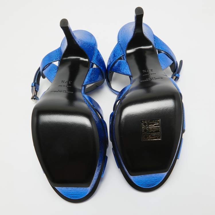 Pre Owned Saint Laurent Navy Blue Foil Leather Tribute Platform Ankle Strap Sandals Size 37.5
