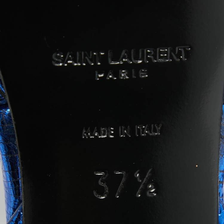 Pre Owned Saint Laurent Navy Blue Foil Leather Tribute Platform Ankle Strap Sandals Size 37.5