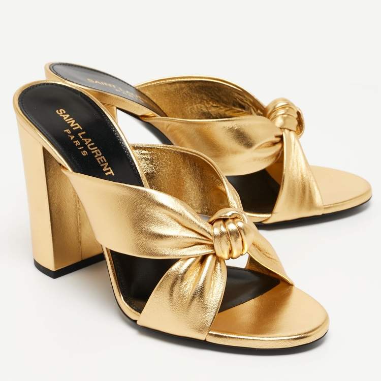 Pre Owned Saint Laurent Gold Gold Leather Bianca Slides Size 38.5