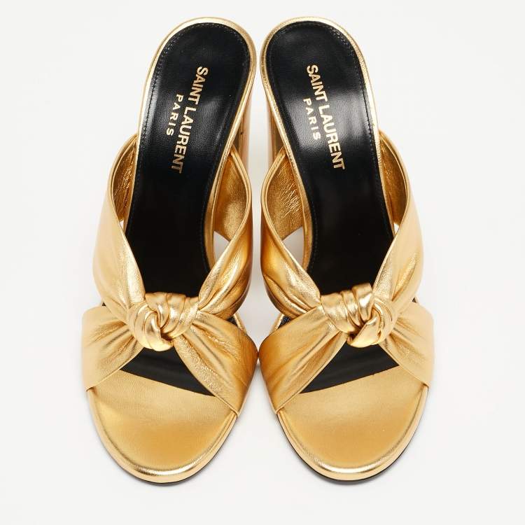 Pre Owned Saint Laurent Gold Gold Leather Bianca Slides Size 38.5