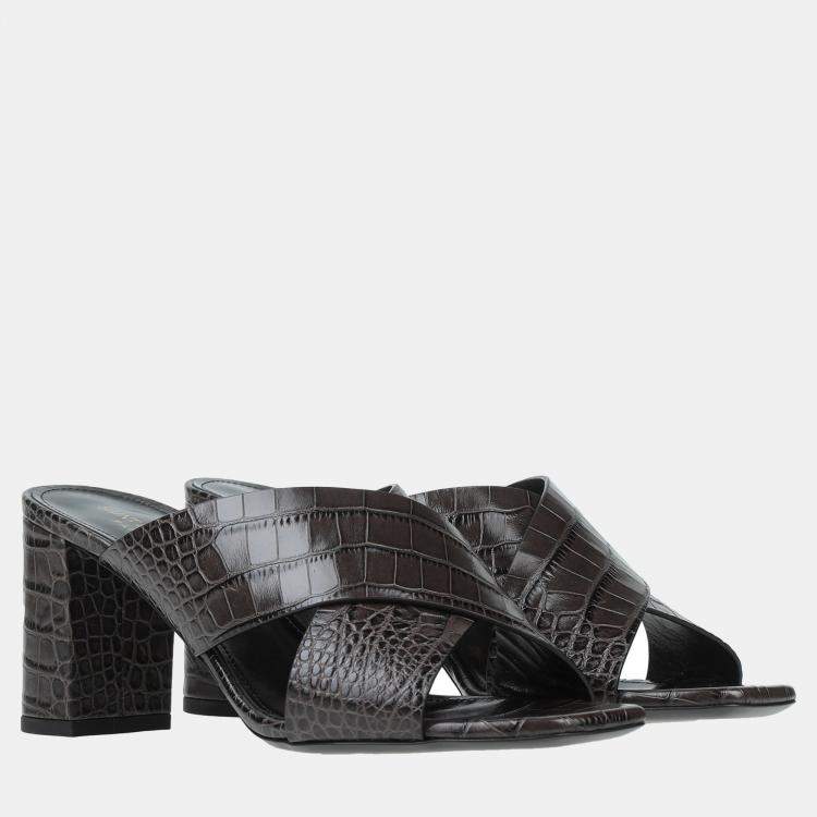 Pre Owned Saint Laurent Croc Embossed Leather Cross Strap Sandals 35